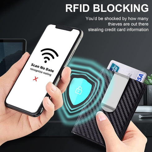 Slim Wallet for Men with Money Clip and Credit Card Holder, RFID Blocking Carbon Fiber Wallet,Minimalist Pop-Up Metal Front Pocket Wallet. (Black)...