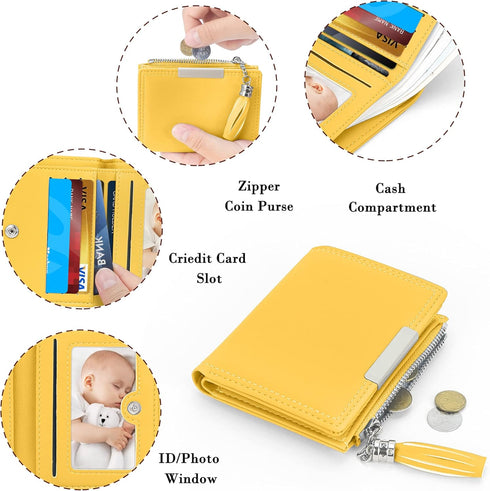 Small Wallet for Women, Leather Compact Bifold Womens Wallet with Zipper Coin Purse (Tasseled Zipper, Yellow)...