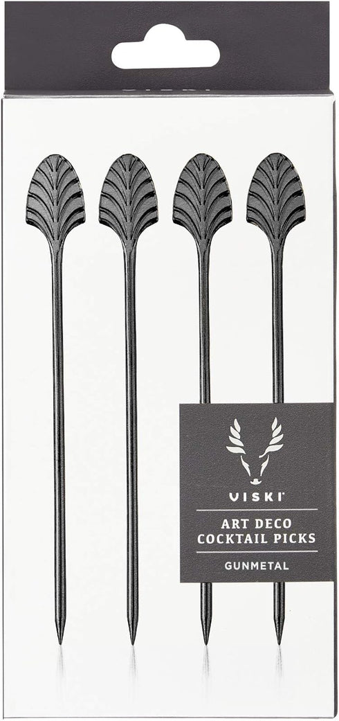 Viski Gunmetal Art Deco Cocktail Picks - Heavy Duty Toothpicks Stainless Steel Metal Drink Skewers Barware Accessories - Black 5inch Set of 4...