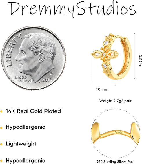 DREMMY STUDIOS Gold Dainty Huggie Hoop Earrings 18K Gold Plated Exquisite Open Tassel Dangle Charm Drop Sleeper Geometric Cross Coin Star Heart Wh...