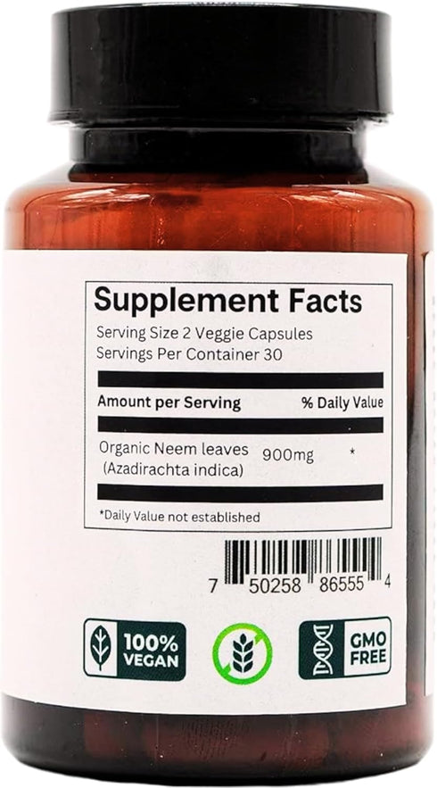 Neem Organic Herbal Supplement - Supports Healthy Clear Skin, Immune & Liver Health, Detox, Healthy Inflammatory Response, Vegan, Gluten-Free, 60 ...