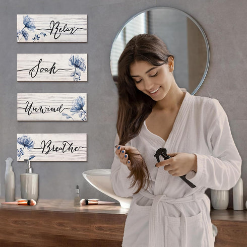 YIGAGNY 4 Pieces Bathroom Wall Decor Wooden Rustic Farmhouse Bathroom Wall Art Hanging Sign 10 x 4 Inch Blue Bathroom Accessories Decor for Spa La...