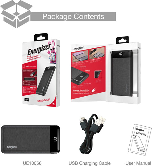 Energizer Power Bank - 10000mAh High Capacity Lithium Polymer Portable Charger, Lightweight, Fast Charging, Dual USB Outputs, TSA Approved, Compat...