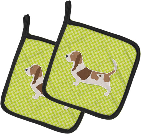 Caroline's Treasures BB3802PTHD Basset Hound Checkerboard Green Pair of Pot Holders Kitchen Heat Resistant Pot Holders Sets Oven Hot Pads for Cook...