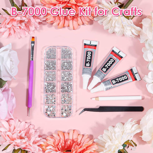 Audab B7000 Jewelry Adhesive Glue with Rhinestones for Crafts, 2100Pcs Flat Back Gems Crystal Rhinestones with Tweezer Dotting Tools Clear Glue fo...