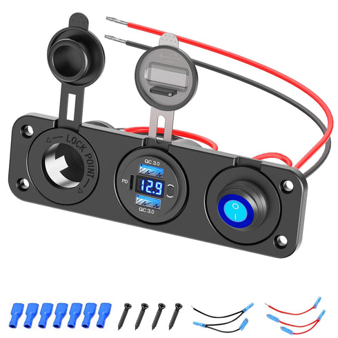 12V USB Outlet Panel 3 in 1, Dual Quick Charge 3.0 and PD3.0 USB C Car Charger Socket with LED Voltmeter, 300W Cigarette Lighter Socket and Toggle...