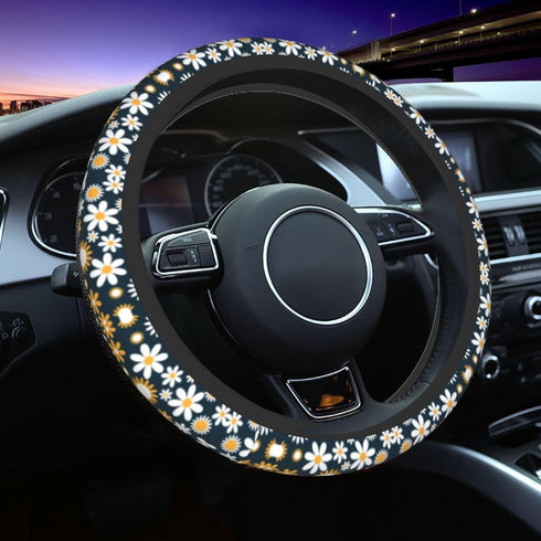 Daisy Flowers Car Steering Wheel Cover, White and Yellow Daisy Print Auto Steering Wheel Cover for Women, Anti-Slip Universal Fit 14.5-15 inch Car...