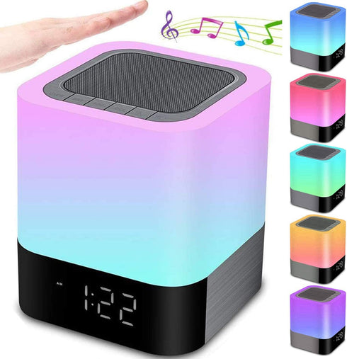 Night Lights Bluetooth Speaker, Alarm Clock Bluetooth Speaker Touch Sensor Bedside Lamp Dimmable Multi-Color Changing Bedside Lamp, MP3 Player, Wi...