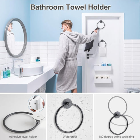 Towel Holder for Bathroom Matte Black Towel Ring, 2pcs Adhesive Wall Mounted Hand Towel Holder, Towel Hanger for Bath&Kitchen Organizer, Stainless...