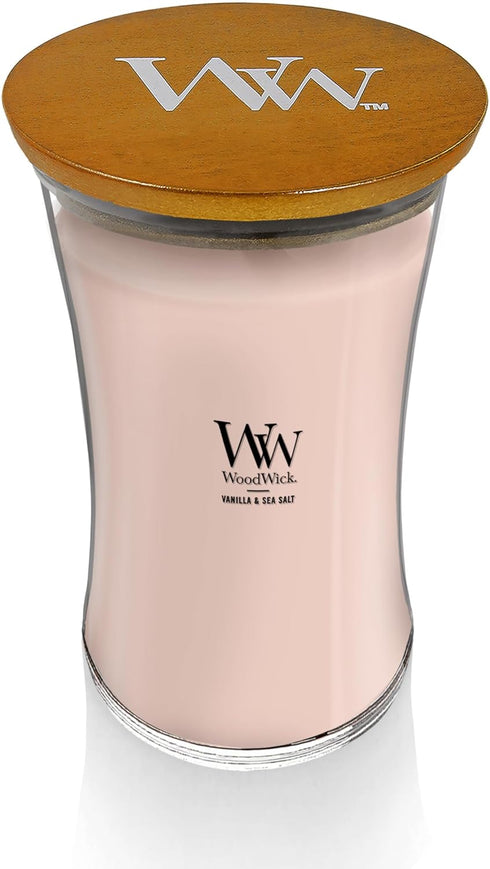 WoodWick Vanilla Sea Salt Large Hourglass Candle Premium Soy and Paraffin Wax Blend Pluswick Innovation Wood Wick...