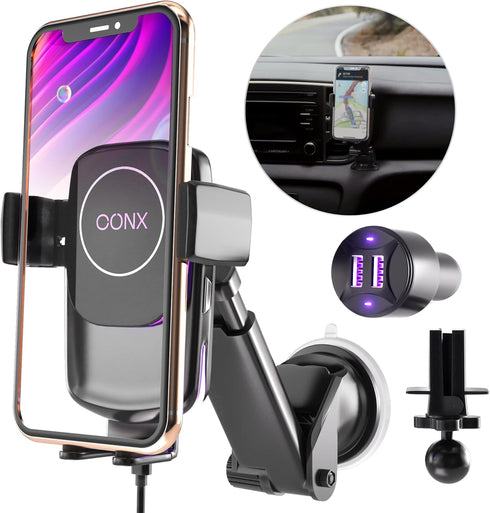 Car Phone Holder Wireless Charger, 5W to 15W - 4X Fast Charging, 2in1 Wireless Car Charger for Dashboard & Air Vent - Car Phone Charger Adjustable...