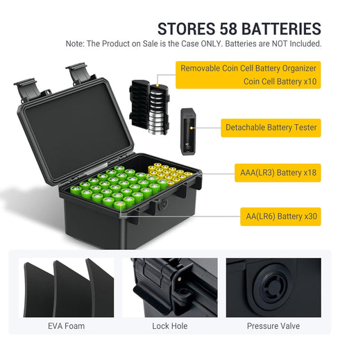 KIWIFOTOS 58 Slots AA AAA Battery Case Holder with Tester, Batteries Storage Organizer, IP67 Waterproof Outdoor Battery Storage Container with 3V ...