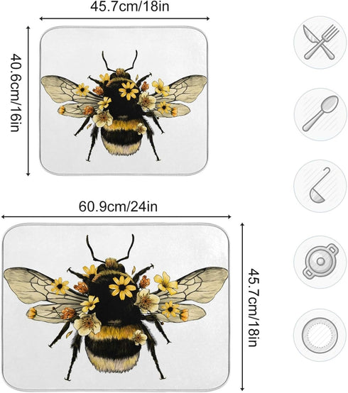 Bee Flower Cute Dish Drying Mat Countertop Protector Kitchen Decor 16" × 18"...