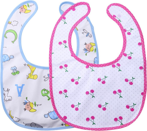 Littleforbig Cotton Waterproof Adult Babydoll Bib with Adjustable Hook-and-Loop Fastener Closure Printed 2 Packs - Zoo Animals and Cherry Adult Bi...