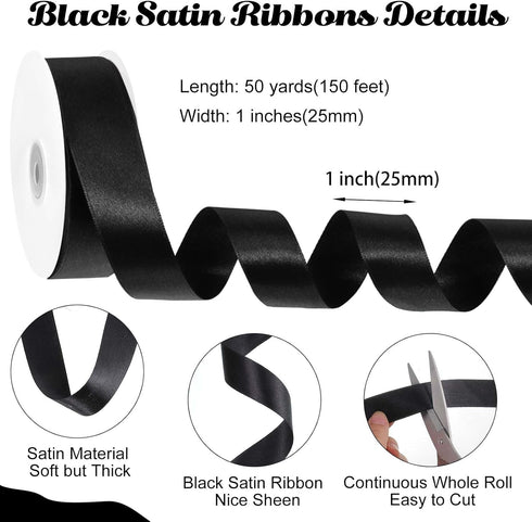 Black Satin Ribbon 50 Yards 1 inch Black Ribbon for Gift Wrapping Flower Bouquet Crafts Bow Making Wedding Party Home Decoration...