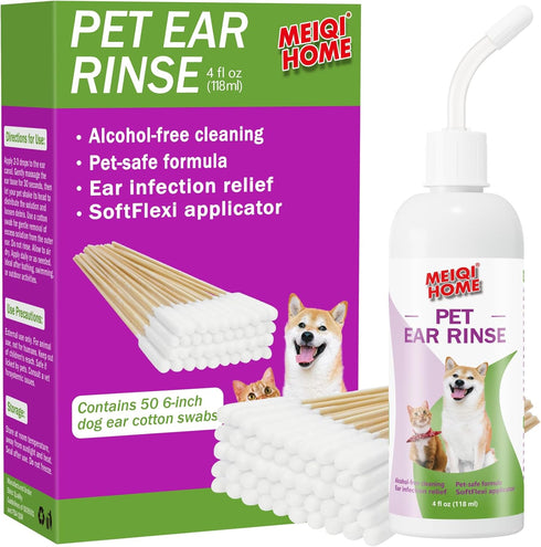 MEIQIHOME Ear Cleaner for Dogs and Cats-Soothes Ear Inflammation, Removes Wax and Odor, Includes 50 Cotton Swabs, 4 Fl oz, Cleaner for Dogs...