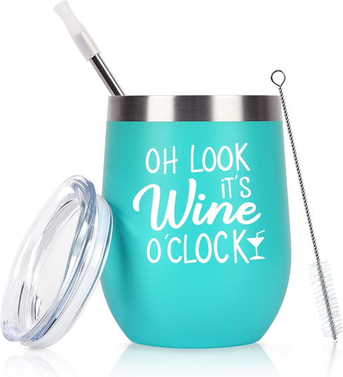 Oh Look It's Wine O'Clock - Stainless Steel Wine Tumbler with Lid, Funny Wine Gifts for Women Mom Grandma Sister Coworkers, Stemless Insulated Tum...