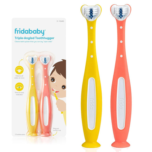 Frida Baby Triple-Angle Toothhugger Training Toddler Toothbrush | Toddler Toothbrush 2 Years and Up, Cleans All Sides at Once | 2 Pack (Yellow + P...