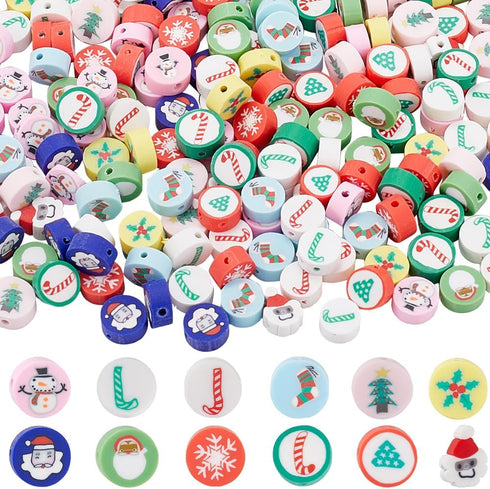 1 Box 300Pcs Christmas Polymer Clay Beads Holiday Clay Beads Winter Theme Santa Socks Tree Snowman Green Tone Spacer Bead for Jewelry Making Suppl...