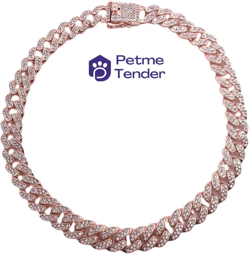 Elegant Sturdy 16 in Collar Cuban Link with Secure Buckle Pet Metal Rose Gold diamond Chain Dog Collar for Medium Large Dogs...