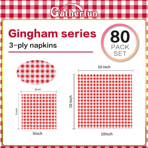 Gatherfun Cocktail Napkins 3-ply 80PCS Red and White Gingham disposable Paper Napkins Beverage napkins for Restaurant Bar Picnic Birthday Party...