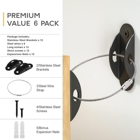 Furniture Anchors (6 Pack), Anti Tip Furniture Anchors Furniture Straps, 400lbs Tension Earthquake Resistant Metal Straps, Furniture Wall Anchor P...