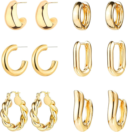 6 Pairs Gold Hoop Earrings for Women, 14K Gold Plated Huggie Hoop Earrings Set Hypoallergenic Lightweight Chunky Open Hoops Jewelry for Gift...