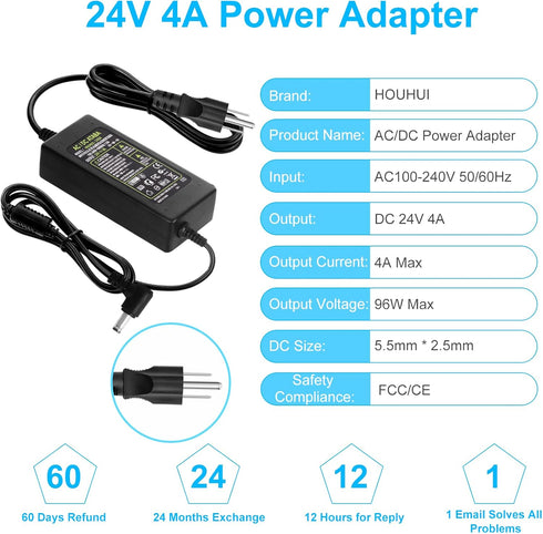 HOUHUI 24V 4A Power Supply Adapter, AC 100-240V to DC 24 Volt 4 Amp 96W Suit 3A 2A 1A Device Transformer AC/DC Power Adapter Converter with 5.5x2....