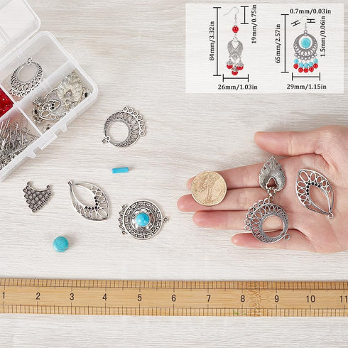 SUNNYCLUE 1 Box DIY 8 Pairs Bohemian Earrings Making Kit Tibetan Style Chandelier Charms Women Boho Earring Round Charms Leaf Charm Synthetic Turq...