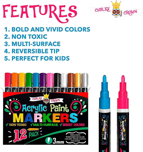 CHALKY CROWN - 3mm Acrylic Paint Markers, Acrylic Paint Pens for Rock Painting, Stone, Ceramic, Glass, Wood - Paint Pens and Acrylic Markers, Acry...
