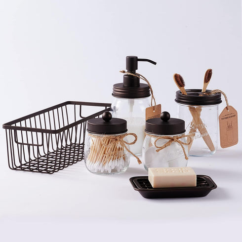 SheeChung 6Pcs Mason Jars Bathroom Accessories Set Complete - Toothbrush Holder, Lotion Soap Dispenser, 2 Mason Jars, Soap Dish, Toilet Paper Bask...