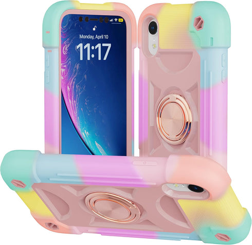 for iPhone XR Case 6.1 Inch with Ring Stand, with 2 Pack Glass Screen Protector,Heavy-Duty Shockproof Rugged Military Grade Cover with Magnetic Ca...