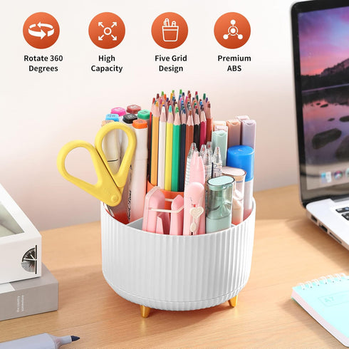 Desk Pencil Pen Holder, 5 Slots 360°Degree Rotating Pencil Pen Organizers for Desk, Desktop Storage Stationery Supplies Organizer, Cute Pencil Cup...