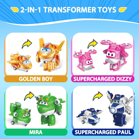 Super Wings 2" Transform-a-Bot 4-Pack, Supercharged Paul, Dizzy, Golden Boy, Mira, Airplane Toys Mini Action Figures, Preschool Toys for 3 4 5 Yea...