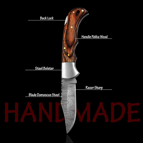 Handmade Damascus Pocket Knife for Men - 6.5 Inches Damascus Folding Knife with Sheath - Pocket Knives and Folding Knives with Back Lock - Best fo...
