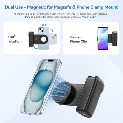 ULANZI Selfie Phone Tripod Mount MA35, 2-in-1 Magnetic & Phone Clip Camera Grip Handle Holder with Detachable Remote Shutter with Cold Shoe Adapte...