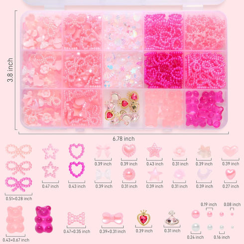 3D Pink Bow Nail Art Charms, 3D Assorted Bowknot Nail Charms Pearls Gems Cute Star Heart Butterfly Bow Planet Bear Nail Decoration with Pickup Too...