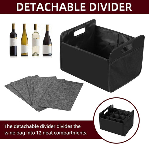 12 Bottle Wine Carrier, Collapsible Wine Bottle Storage Box Premium Felt Liquor Bottle Tote with Handles for Travel/Party/Picnic/Vacation, Black...
