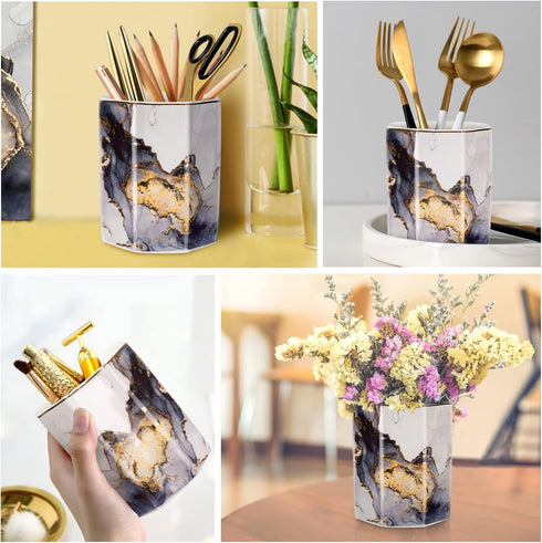 WAVEYU Ceramic Pen Holder for Desk Cute, Pencil Cup Pot Desk Organizer, Makeup Brush Holder for Women, Men, Kids, Desk Marble Decor for Office, Cl...