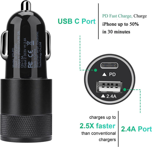 30W USB C Car Charger, Dual Ports Fast PD Type C Car Charger Adapter Rapid Plug for iPhone 15 14 13 12 11 Mini Pro Max SE Xs Xr X 8 Plus, Samsung ...