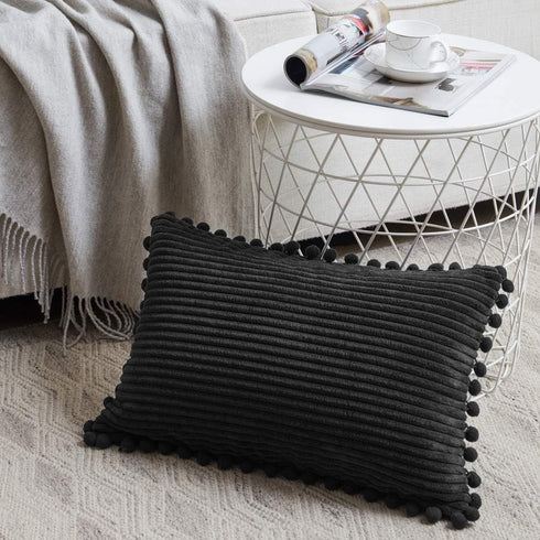 Fancy Homi Pack of 2 Black Lumbar Decorative Throw Pillow Covers with Pom-poms, Soft Corduroy Solid Rectangle Cushion Cases Set for Couch Sofa Bed...