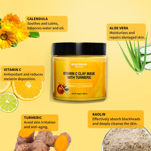 Turmeric Vitamin C Clay Mask, Deep Cleansing Facial Mask, Clay Face Mask Skin Care with Kaolin Clay and Aloe for Pores, Acne, Dark Spots, Hydratin...