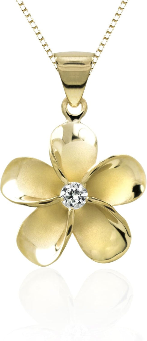 Honolulu Jewelry Company 14K Yellow Gold Plated Sterling Silver CZ Plumeria Flower Nature Pendant Necklace with 18" Box Chain...