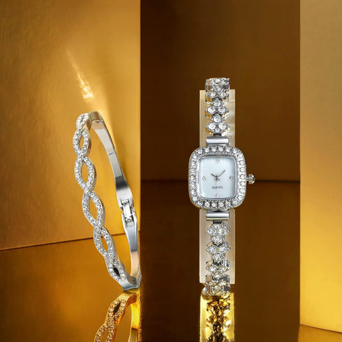 Clastyle Elegant Watch and Bracelet Set for Women Rhinestone ling Iced Out Wrist Watch Mother of Pearl Ladies Bracelet Watches...