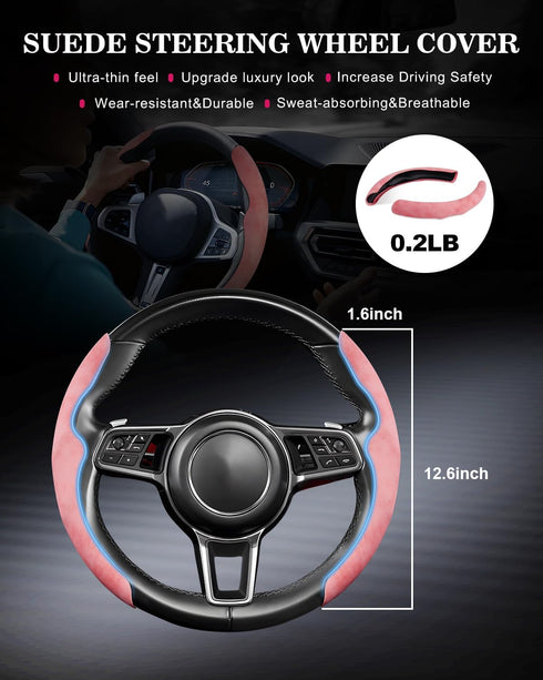 2Pcs Steering Wheel Cover Anti-Skid Segmented Car Accessories for Girls and Women?Leather Universal Fit Car Steering Wheel Cover (Pink)...