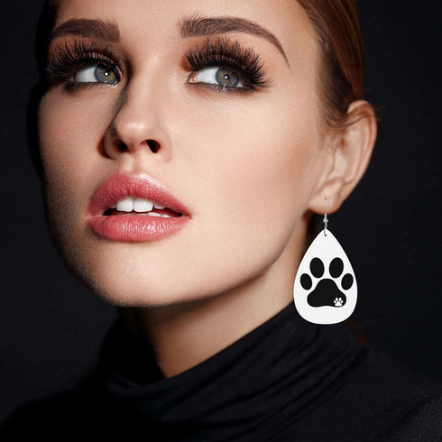 Dog Paw Print Faux Leather Earrings Black Dog Pet Kitten Footprint Teardrop Leather Dangle Earrings Women Earrings For Wedding Bridal...