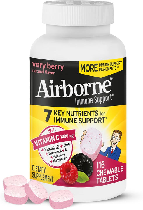 Airborne Vitamin C 1000mg (per Serving) - Very Berry Chewable Tablets (116 Count in a Bottle), Gluten-Free Immune Support Supplement, with Vitamin...