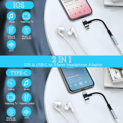 Lightn-ing & USB-C to 3.5 mm Headphone Jack Adapter 2-in-1 Headphone Adapter for iPhone Type C to 3.5mm Female Headphone Jack Adapter for i-pad/iP...
