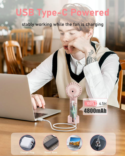 Mini Handheld Fan 4800mAh Battery Portable Fan USB Rechargeable Eyelash Fan 3 Speeds Wind Powerful Makeup Fan Cute Small Fan with Base & Lanyard f...