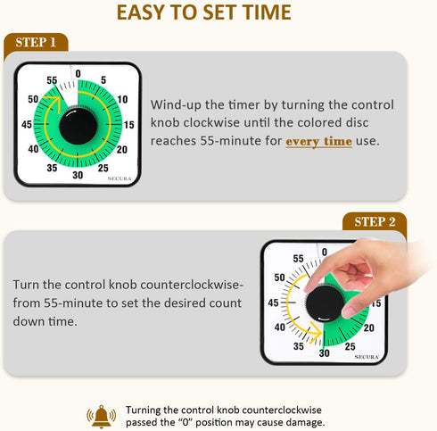 Secura 60-Minute Visual Countdown Timer, 7.5-Inch Oversize Classroom Visual Timer for Kids and Adults, Durable Mechanical Kitchen Timer Clock with...